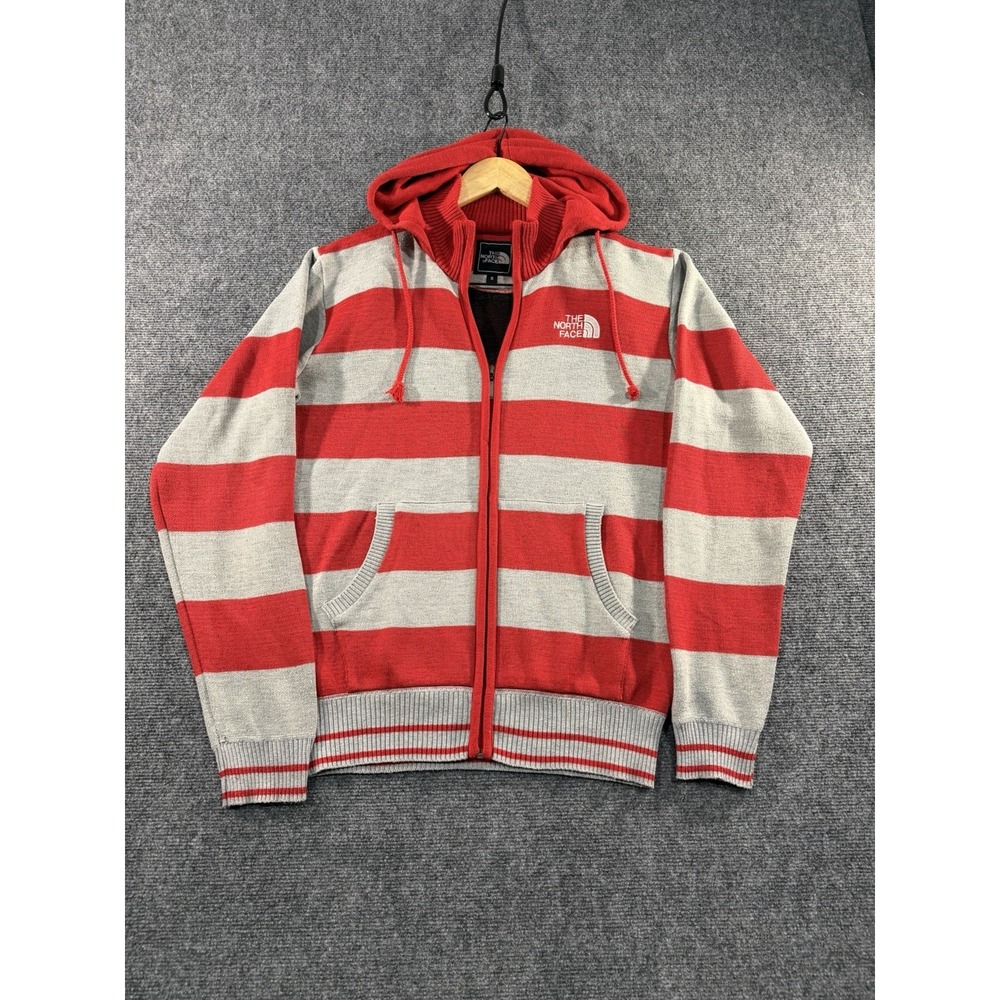 The North Face Sweater Red Gray Stripe Mens Small Vintage Look Hooded Full Zip